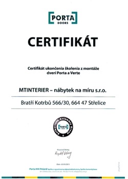 MTinterier certifikát – PORTA